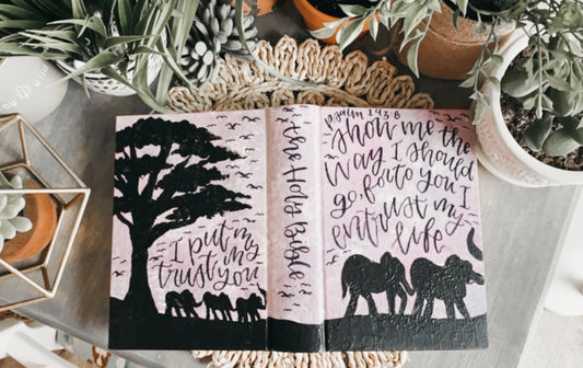 The Dawn Bible // Hand Painted Bible // ESV journaling Bible // Floral + Elephant + Tree + Sunset