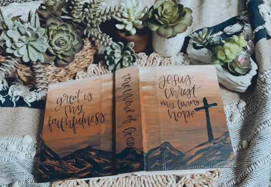 The Jaime Bible // Custom Hand Painted Bible // Sunset + Cross Silhouette Theme