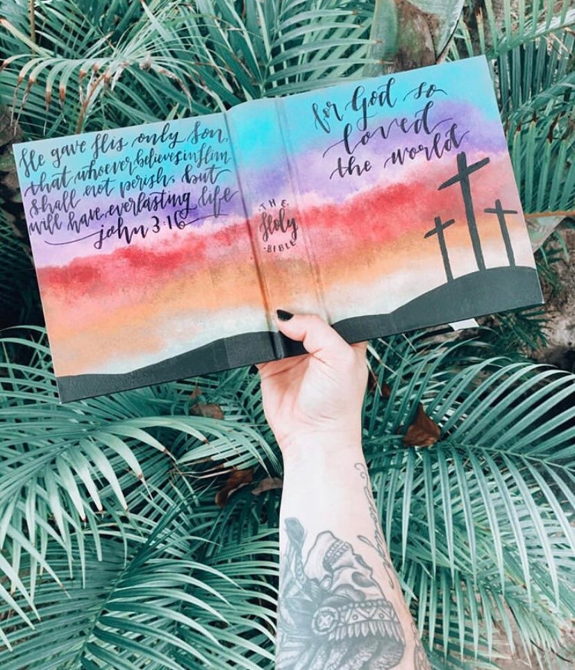 The Jaime Bible // Custom Hand Painted Bible // Sunset + Cross Silhouette Theme