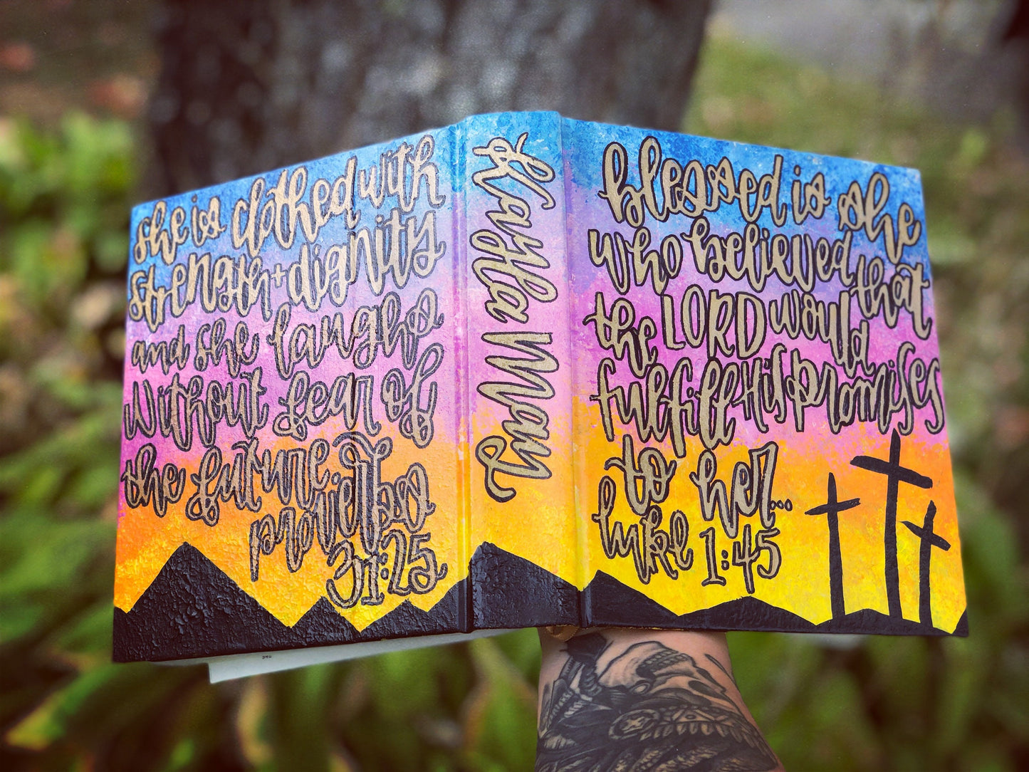 The Jaime Bible // Custom Hand Painted Bible // Sunset + Cross Silhouette Theme