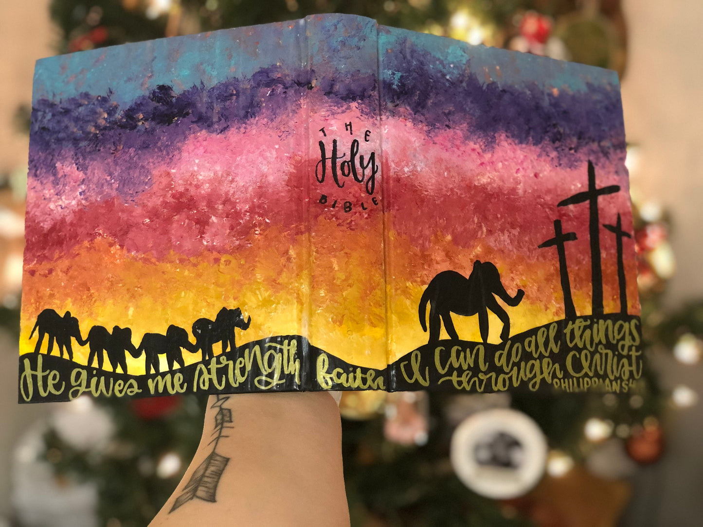 The Jaime Bible // Custom Hand Painted Bible // Sunset + Cross Silhouette Theme