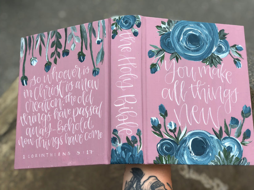 The Deborah Bible // Hand Painted Bible // Floral // Pink, Navy, Sky B ...