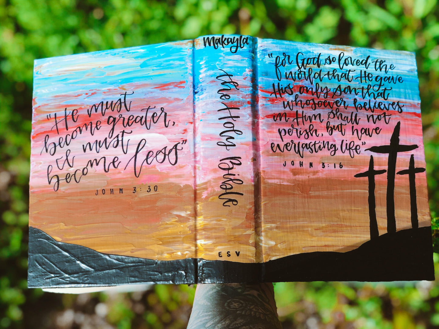 The Jaime Bible // Custom Hand Painted Bible // Sunset + Cross Silhouette Theme