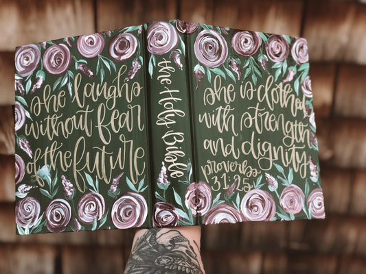 The Marissa Bible // Hand Painted Bible // Floral // Maroon, Pink, Gold + Greenery // ESV Journaling Bible