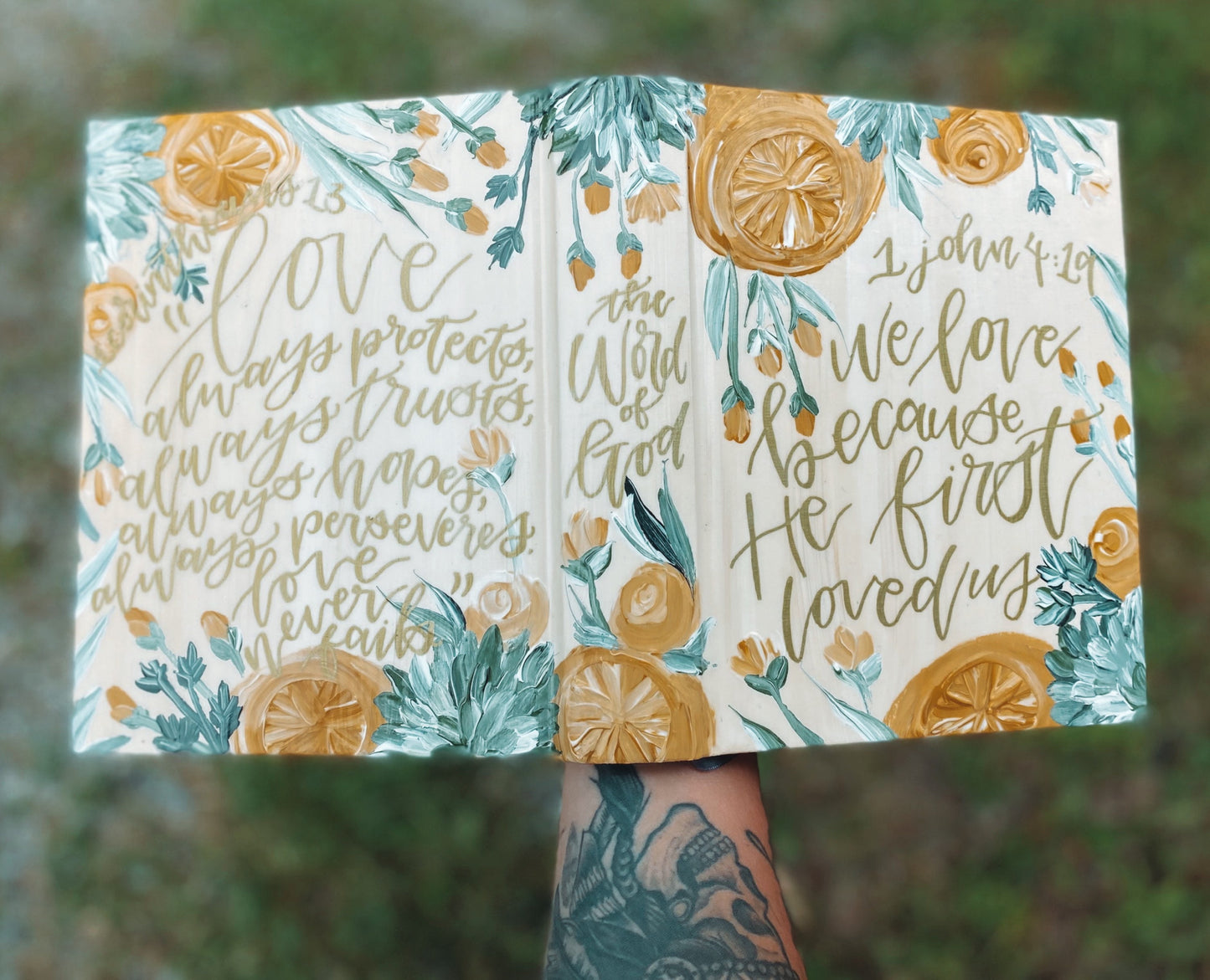 The Francesca Bible // Hand Painted Bible // Floral // Purple Gold + Greenery // ESV Journaling Bible art