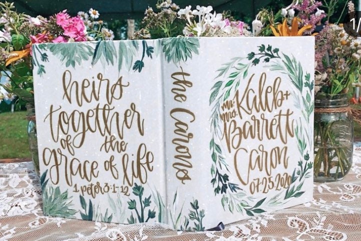 Custom Wedding Handpainted Bible + Matching Sign