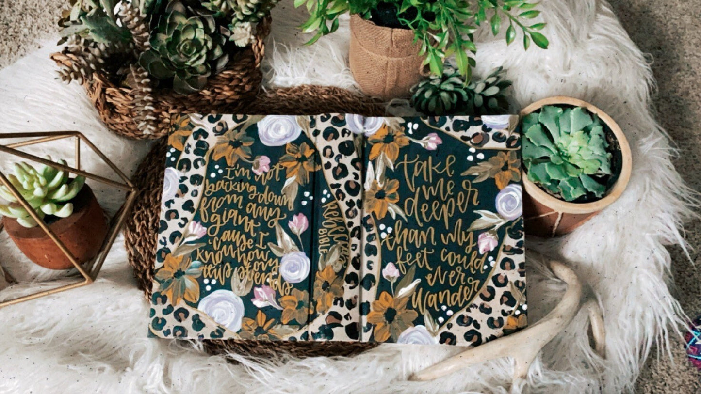 The Dana Bible | Hand Painted ESV Journaling Bible | Cheetah Print Geometric Floral